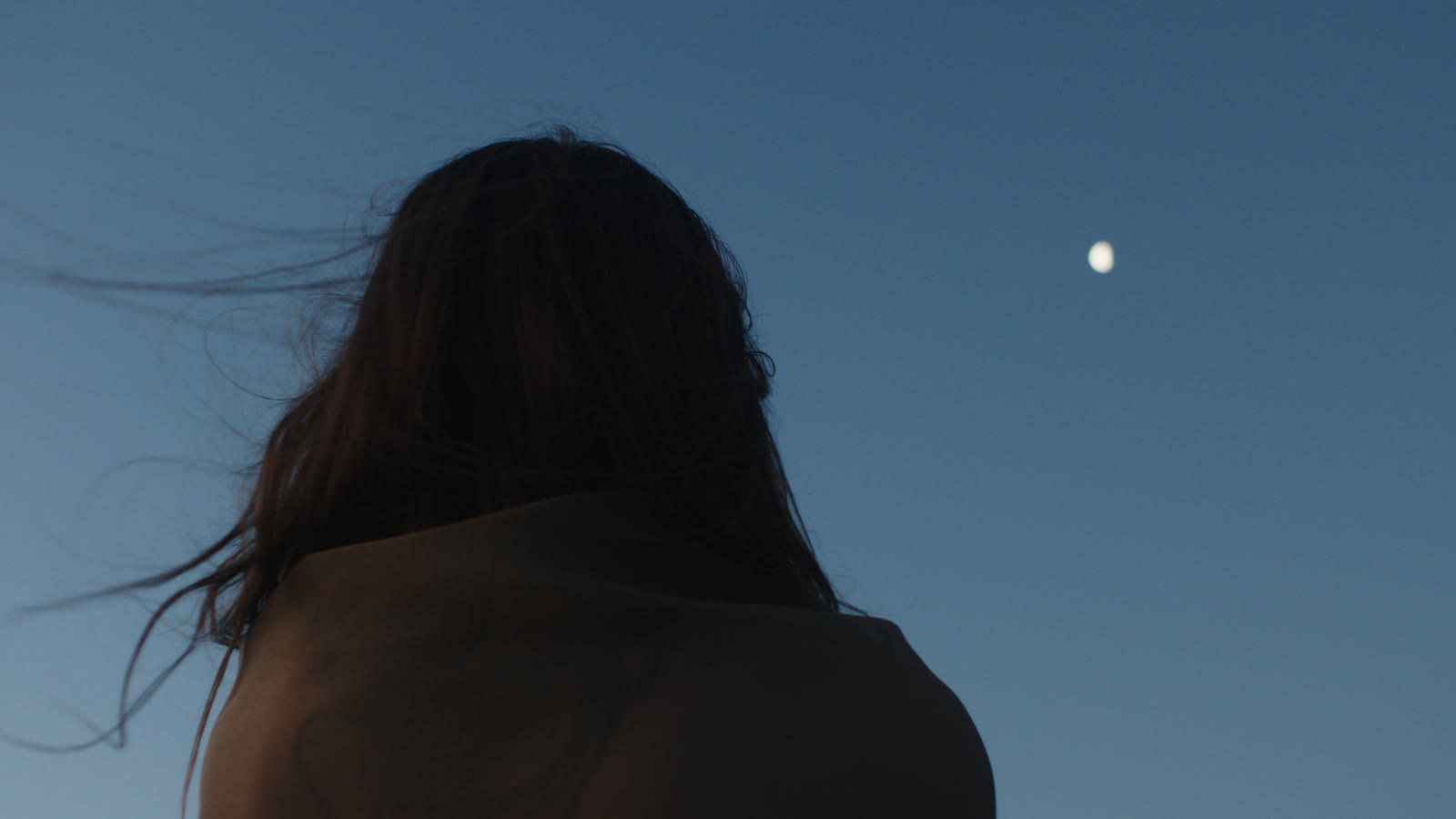 Seen from behind and below, a person's head and bare shoulder are dark against a clear evening sky of deep blue. Strands of their hair blow sideways in the wind. Up and to the right, a small pale moon hangs in the blue.